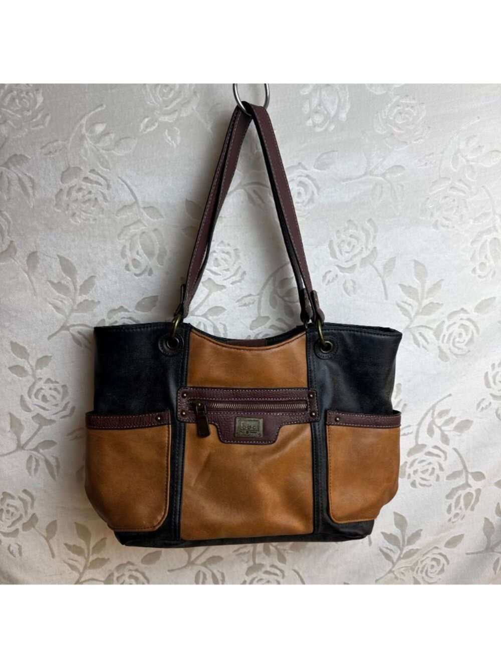 B.O.C. Two-Tone Leather Shoulder Tote Bag Front Zipper Pocket & Dual Handles - Picture 2 of 8